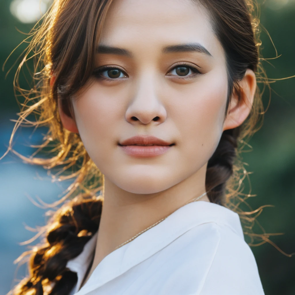 1girl, upper body, Realistic photograph best quality portrait of a beautiful gorgeous young cute Asian woman, 21yo., looking something, detailed face, Realistic texture human skin, very beauty long and slender bright glowing face, curved eyebrows, droopy hooded eyes, wavy nose, full wide lips, bright smiling, ponytail, studio portrait, (((young Marion Cotillard blended face mixed with young Anne Hathaway))), wearing loosed oversized white shirt, flirting smiling portrayal, ethereal girl, intimate lighting sturdy, real photo, brown eyes, zoomed, best quality, masterpiece, Leica SL3, Summicron-SL 75mm ASPH, F/1.8, (cinematic still:1.2), Film Never Die Kiro 400 film, bokeh, rim lighting, silhouette, shallowed depth of field,
