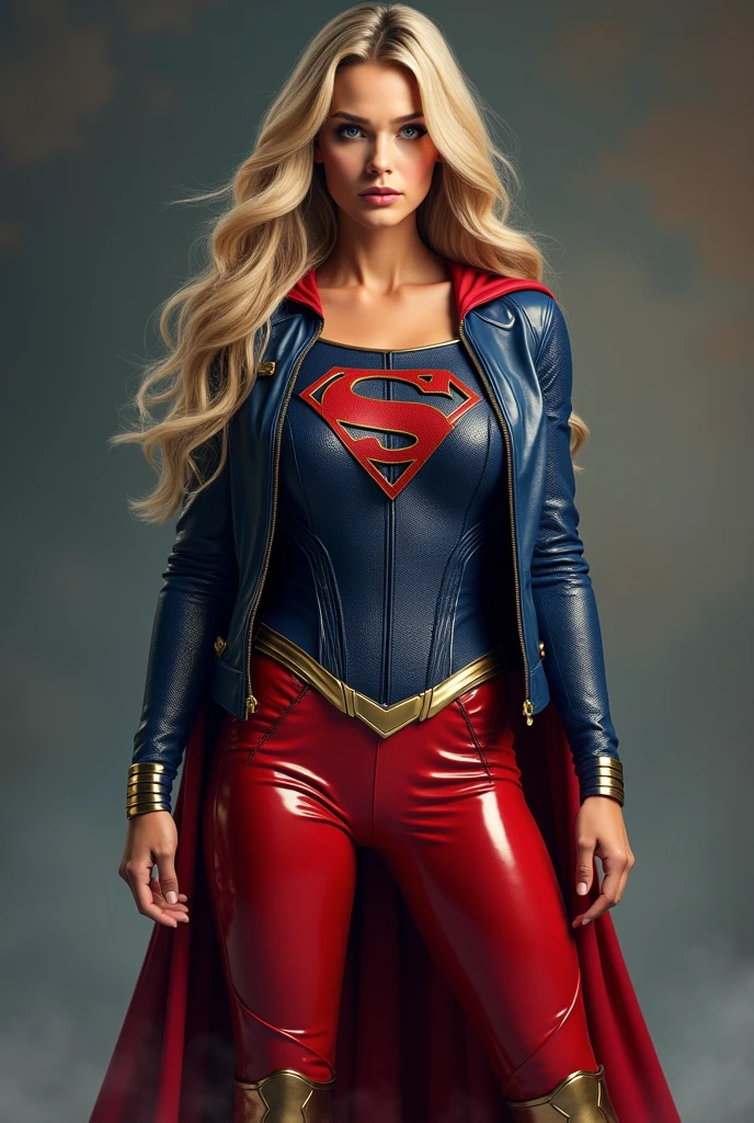 A beautiful woman with long blonde hair wearing the costume of the Kryptonian Kara Zor-El aka Supergirl Outfit Blue and red leather jacket Red corset with Superman emblem on her chest Red leather pants Gold knee-high boots with gold trim Long gold bracelets