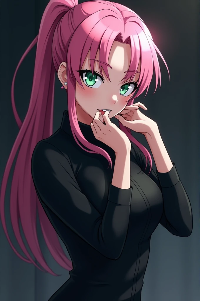 Screenshot Boku no hero academia, pretty Woman, With long hair, tied hair (a tail to the side), smooth fur , pink hair, slanted eyes, light green eyes, heart rings , bad expression on the face and showing fangs, wearing a black shirt and pants, in a dark background, Profile, Looking towards the camera, angle from below, with a heart mark on the cheek and hands on the face