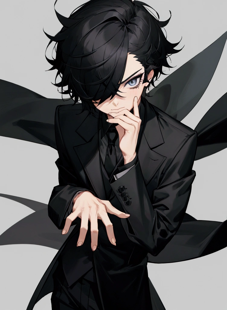 Wearing a black coat, black trousers, an arrogant face, right eye white, left eye black, Sweet face, male, small,