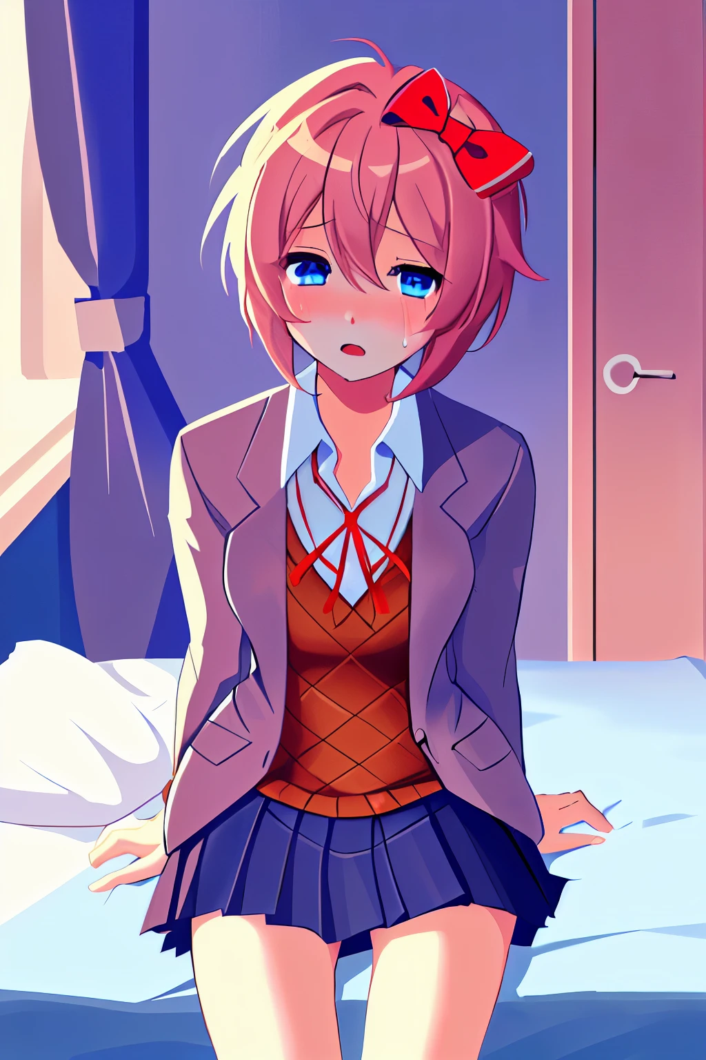 one girl, Sayori, school blazer, light blue eyes, pink bow, crying, her own room, dark room, sitting on bed