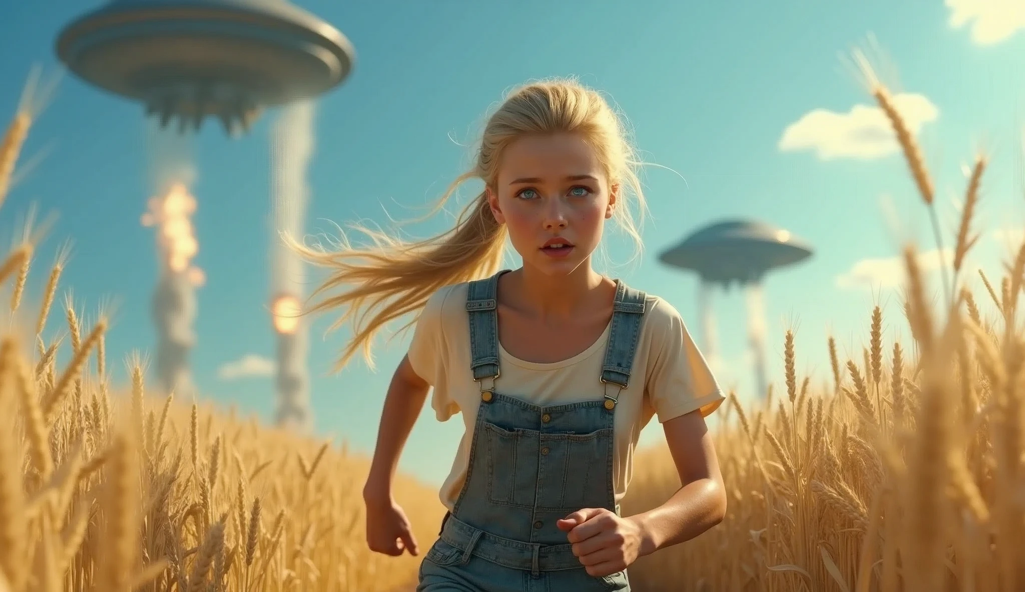 Incomparable masterpiece, ultra-realistic 8k CG, perfect artwork, ((perfect female image)),
woman running towards the viewer, alien ships on the sky, wheat field, blue sky,1girl, blonde hair, blue eyes, ponytail, farm girl, full lips, long hair. full body, scared and tired face, no background blur, explosions everywhere