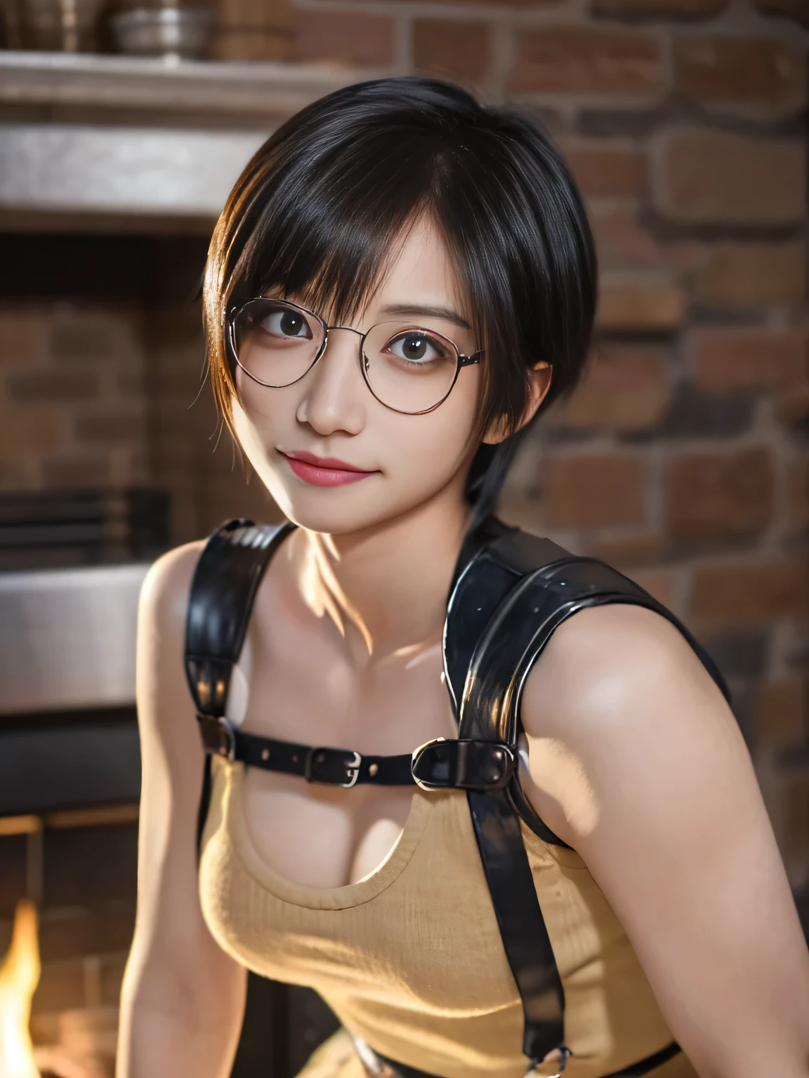 20 year old Japanese beauty,One person、Muscular body like a bodybuilder、Emphasize the breasts、Slit eyes、A head-to-toe view,Bust is very very large、The background is a medieval European kitchen、High quality photos、Clear, crisp images of the lower body、Masterpiece 8k、Ecstatic face、Wearing Japan armor、making stew in a fireplace、Wearing glasses、Yuffie Kisaragi from FF7、
