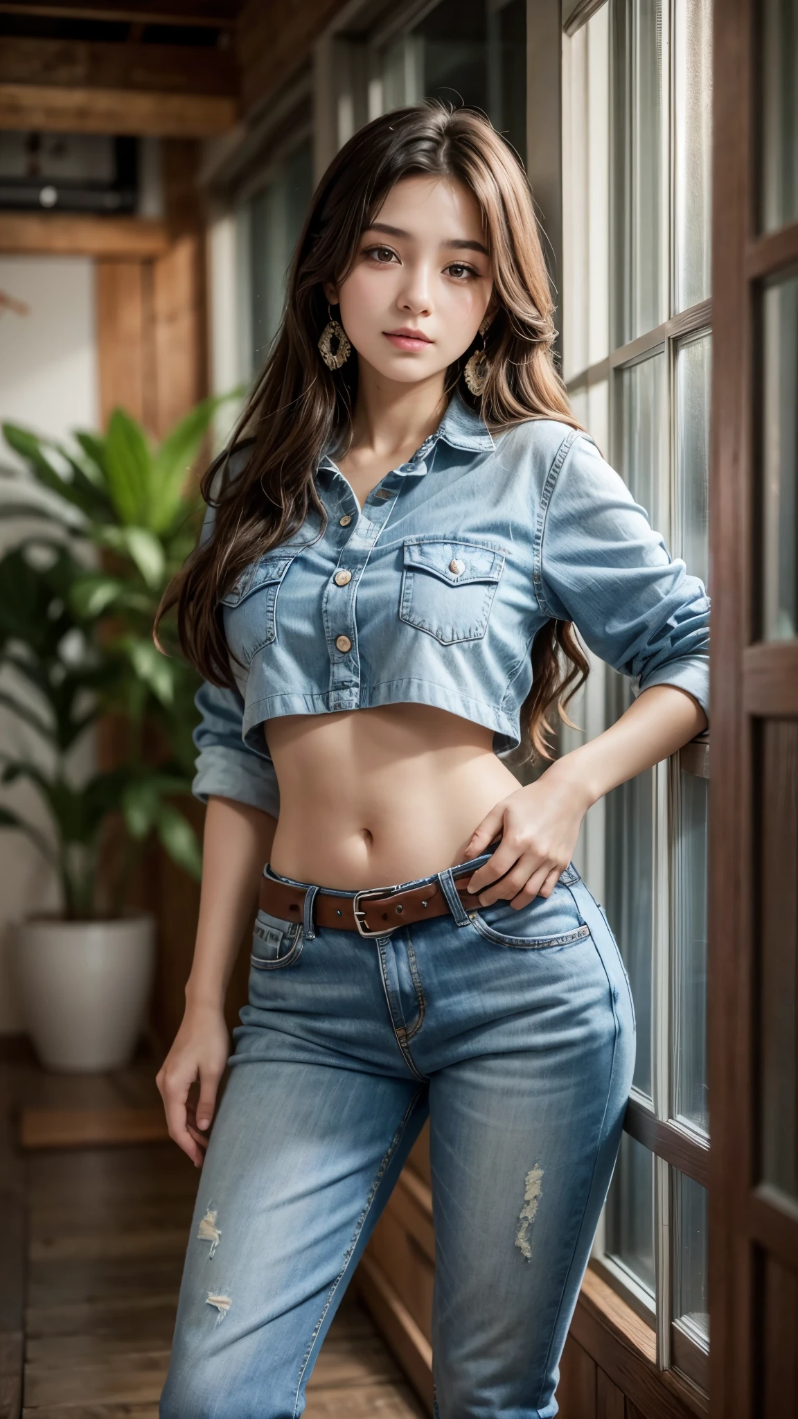 Beautiful 18 year old brunette girl with a Brazilian face wearing a blouse and high waisted jeans with a belt and thick legs and big earrings showing her T shaped belly button
