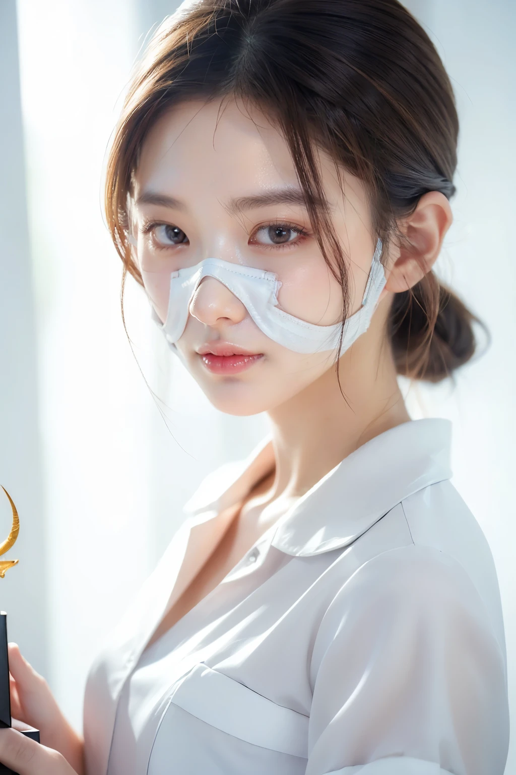 (Tabletop、highest quality、32k、Award-winning works,Ultra-high resolution)、(One beautiful nurse:1.1),(The perfect white nurse uniform:1.1),beautiful hair,Accurate anatomy,(Strongly blurred white background:1.1),(very bright white lighting:1.1),(Close-up of face:1.3),Perfect beautiful makeup,Spectacular Cinema Lighting,Tyndall effect,(standing elegantly:1.1),(Shining white skin:1.1),Shiny beautiful skin,Radiant Skin,