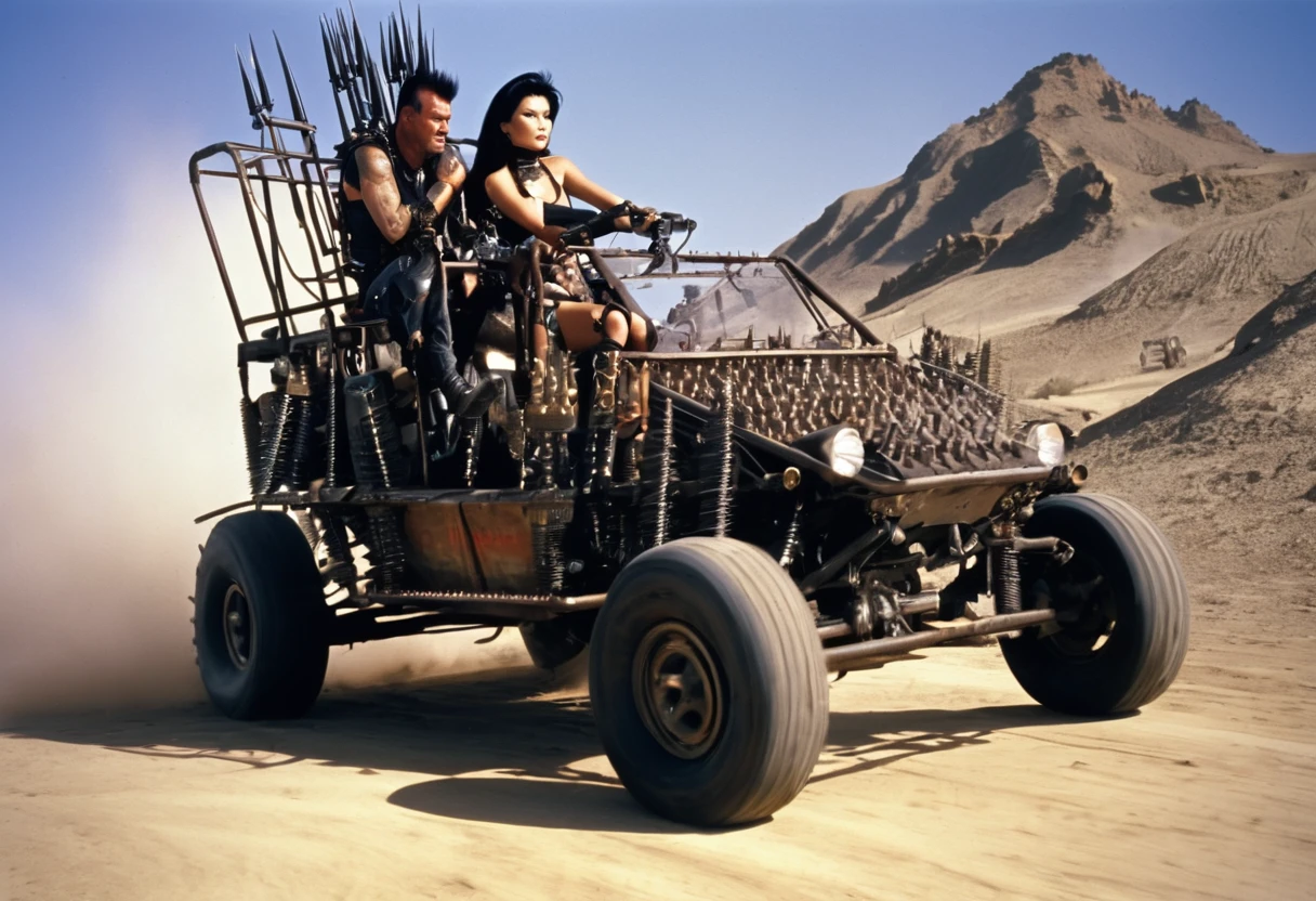 Movie Road Warrior) Action photography of a wasteland rail buggy with many spikes, guns, and lights, driven by a cannibal mutant (Kelly Hu, age 25, sexy leathers, mohawk, tattoos), low angle view