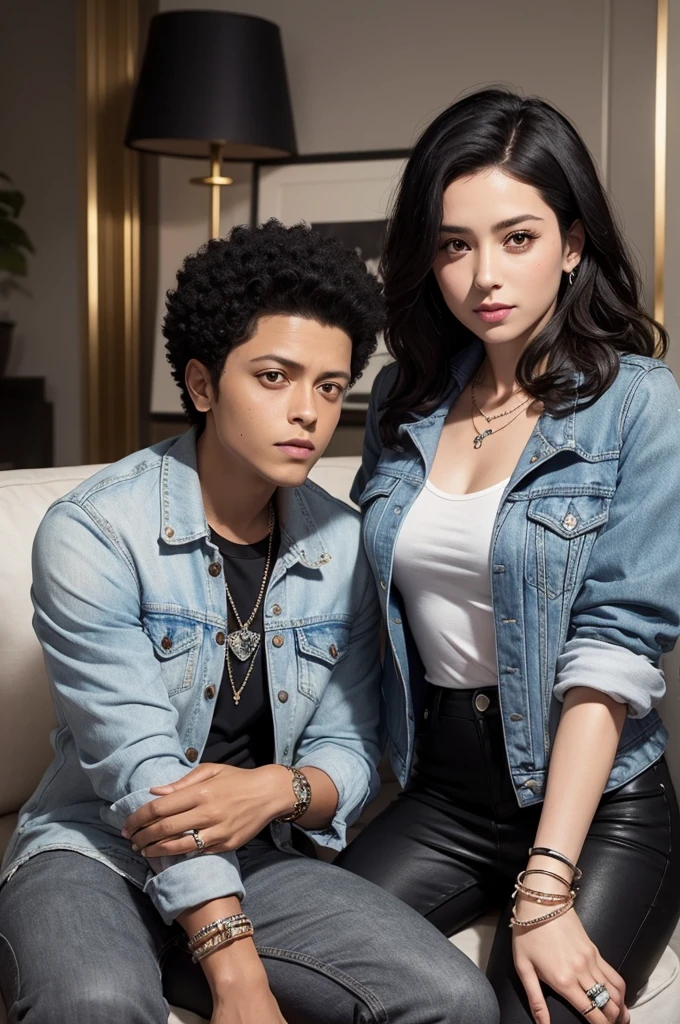 bruno mars in a gray denim jacket , a beaded bracelet , wearing a silver ring , he is wearing a black shirt and a white necklace . a woman who has straight black hair her eyes are brown her shirt is white ,with a gray plaid skirt , with a ring on her left hand and two bracelets on her right arm , are next to each other on the sofa in the living room
