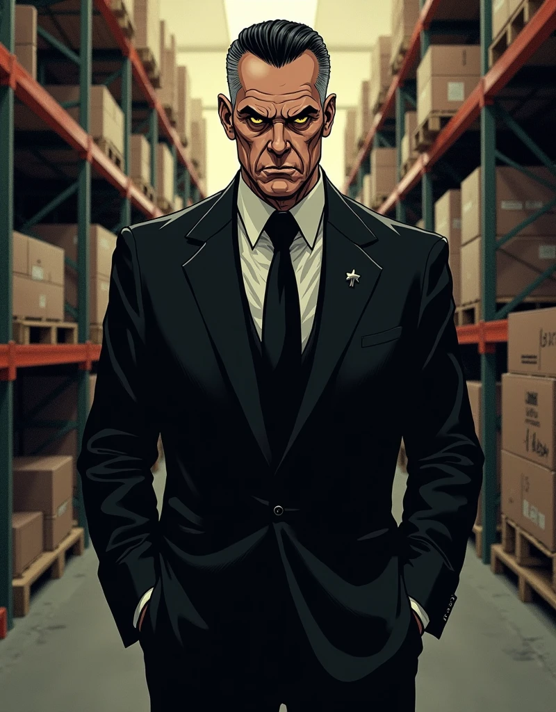American comic book style, old caucasian man, 50s, short black slick back hair, triangular face, mean face, black eyes, piercing gaze, long nose, small mouth thin lips, clean shaven, endomorph body type in shape, tall, (wearing a normal traditional black suit with a normal black tie), (((draw entire body down to feet))), in a warehouse, comic book drawing, Comics Americans, vignetting, vanishing point, wide shot, UHD, masterpiece, accurate, anatomically correct, textured skin, super detail, high details, high quality, award winning, best quality, highres