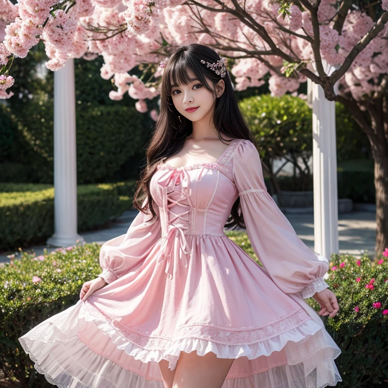 Bow at the back of the waist, Skirt length to calf, cupcake dress, Layered skirt with lace on each layer, Wear a TA dress, layered dress, Pink lolikirt, lots of lace, Long sleeve, Wide sleeves, Big skirt, layered lace skirt, Puff sleeves, Wide sleeves, Transparent sleeves, intricate details showcase the ruffles and intricate designs of the Lolita d, Wearing a lolita dress the amusement park, at disneyland, best quality, Delicate face,beautiful visual work, lifelike, eternity, black hair, Long curly hair, blunt bangs, Smile, Detailed Background, Delicate face,blush,cold,((masterpiece))、(top quality)、8k、high detail、Super detailed,41-year-old female, masterpiece、born、Scenes resembling fairy tale illustrations、intricate details和複雜的設計、Beautifully、magic、capricious、 Beautifully、Dream aesthetics、「𝓡𝓸𝓶𝓪𝓷𝓽𝓲𝓬、ethereal、charming、fickle、magic」、realism、Visual effects、FXAA、SSAO、Shader、voiceless、ambient lighting、Tone mapping、High resolution、Ultra high quality、Million pixels、(8K resolution:1.10)、8k、8k以下、8K resolution、high detail、intricate details, (high quality:1.2、masterpiece:1.2、:1.21)、(41-year-old female:1.21)、(興奮地Smile)、(Surrounded by a dreamy atmosphere、Model diagram,full-body shot,Normal 2 feet,Put your hands behind you,The protrusion of the breast is visible when wearing clothes, Large Breasts, H cup chest, pink clothes, Don't show your fingers, full-body shot, full-body shot,full-body shot,full-body shot,full-body shot,full-body shot,full-body shot,full-body shot,hands hidden in clothes, hands hidden in clothes,hands hidden in clothes,hands hidden in clothes,hands hidden in clothes,hands hidden in clothes,hands hidden in clothes,hands hidden in clothes,hands hidden in clothes, ,hands hidden in sleeves ,hands hidden in sleeves ,hands hidden in sleeves ,hands hidden in sleeves ,hands hidden in sleeves ,hands hidden in sleeves ,hands hidden in sleeves ,hands hidden in sleeves, arms behind back, arms behind back, side view, side angle, Each layer of the cake skirt has lace