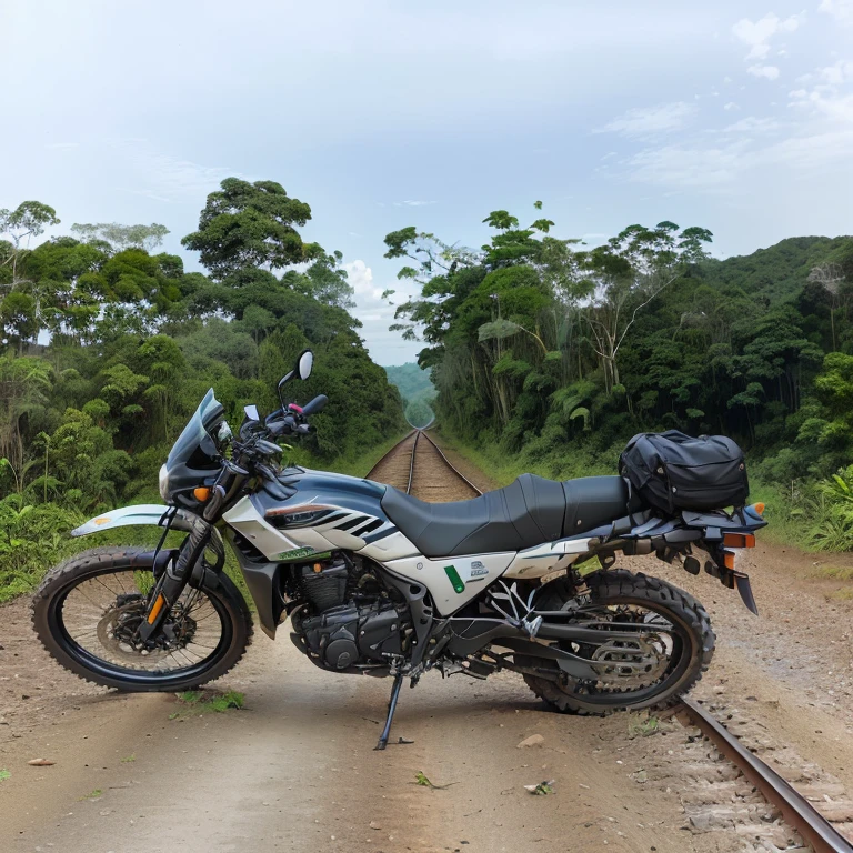 motorcycle parked on a train track with a bag on the back, on a jungle forest train track, with lots of vegetation, touring, jungles in the background, riding, traveling long dirt road, riding on the road, colombian jungle, looking sideway, taken with the best dlsr camera, trying to ride it, trailing off into the horizon, dakar motorbike