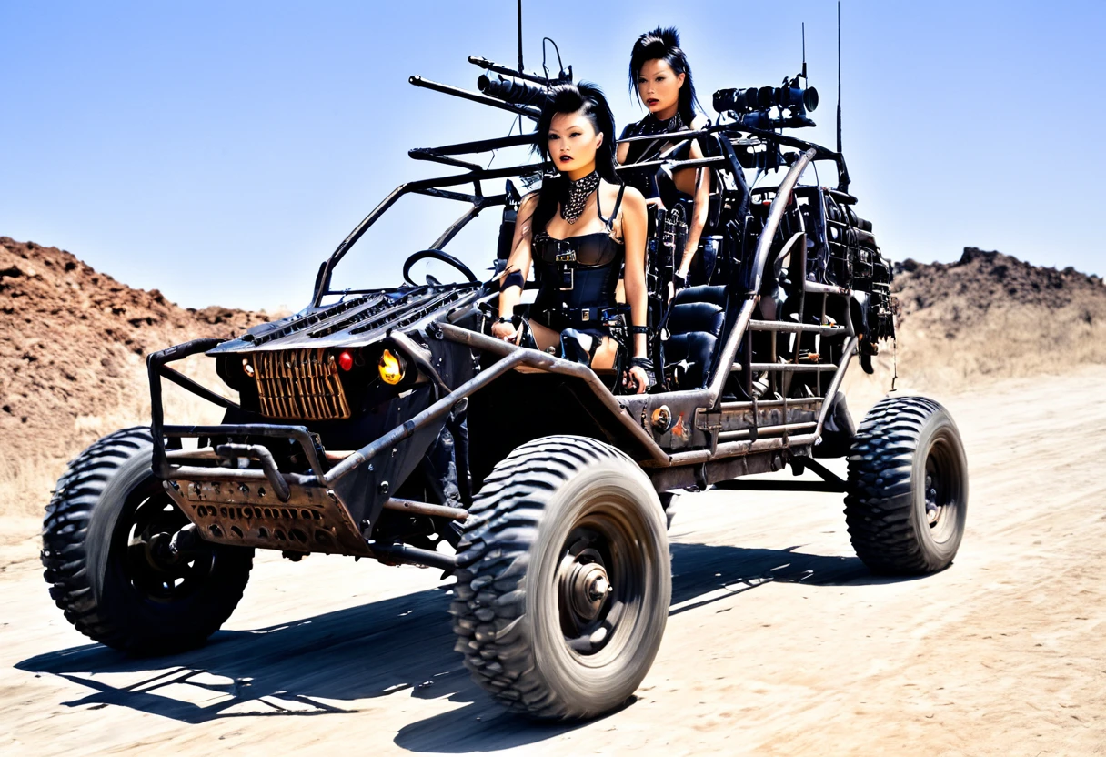 Movie Road Warrior) Action photography of a wasteland rail buggy with many spikes, guns, and lights, driven by a cannibal mutant (Kelly Hu, age 25, sexy leathers, mohawk, tattoos), low angle view
