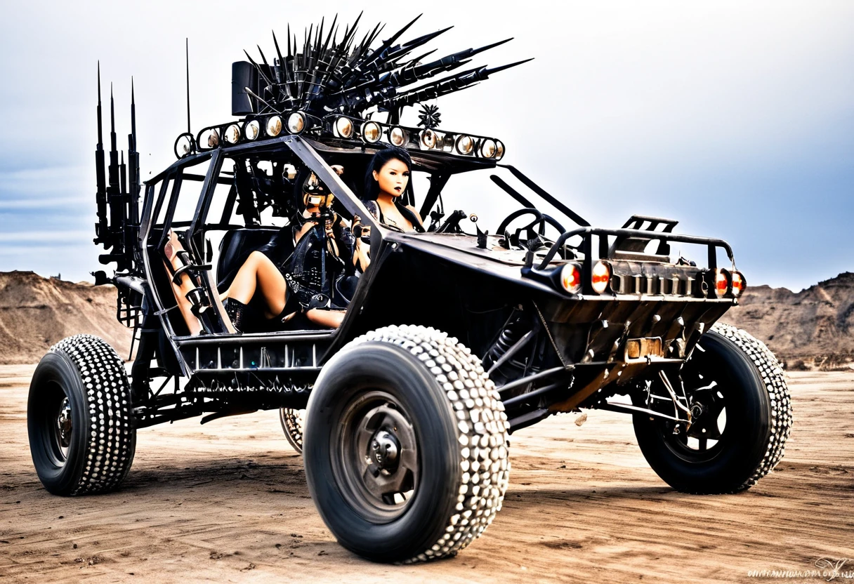 Movie Road Warrior) Action photography of a wasteland rail buggy with many spikes, guns, and lights, driven by a cannibal mutant (Kelly Hu, age 25, sexy leathers, mohawk, tattoos), low angle view
