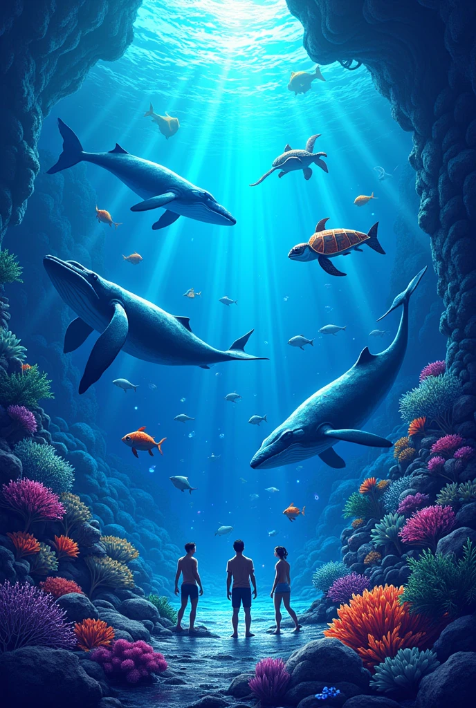Vector art of ocean care with bright phosphorescent colors, Several marine animals can be seen and the action of humans cleaning