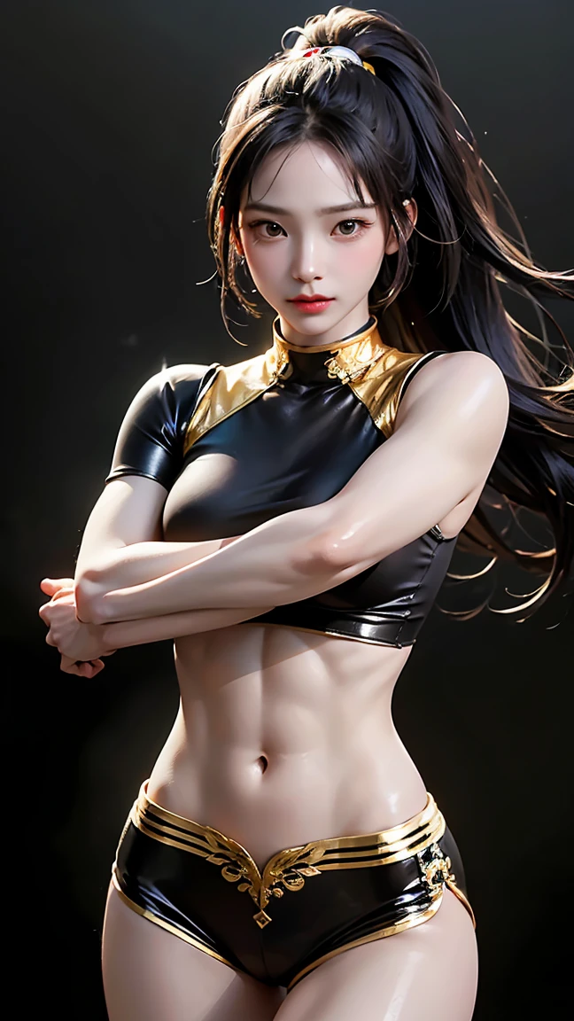 (full body shot), one girl, fighter, light smile, Glowing bronze skin, best quality, masterpiece, (realistic:1.4), (((I have a lot of fine muscles all over my body.)), (((tight waist))), ((big bust)),Expression of intense sexual pleasure、(embarrassed expression), I can see your abs, muscular, bijouterie, A background of endless African plains, I see a herd of hippos in the distance.. black hair, long hair, ponytail hair, A short battle uniform with gold embroidery on a black background.