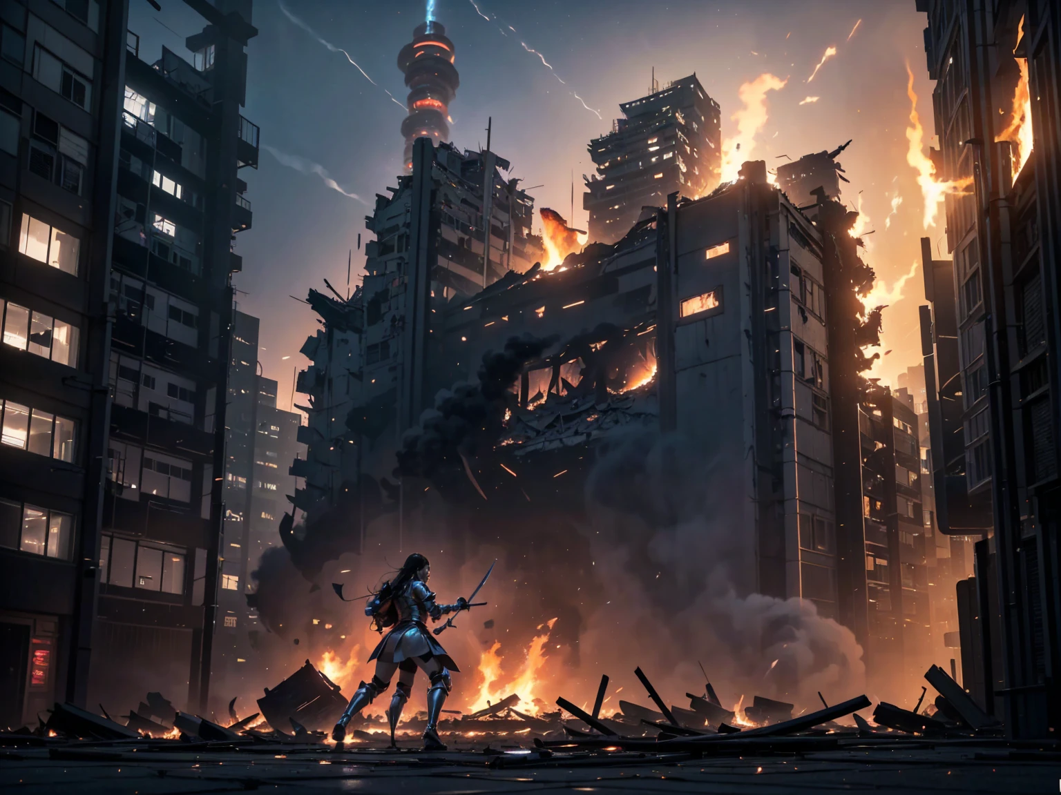 Photo of a female hero in shining armor, Fight giant monsters made of thick black smoke, Set in a cityscape with fiery buildings, Some collapsed, And the sky was filled with thick smoke. Stabbing the Monster