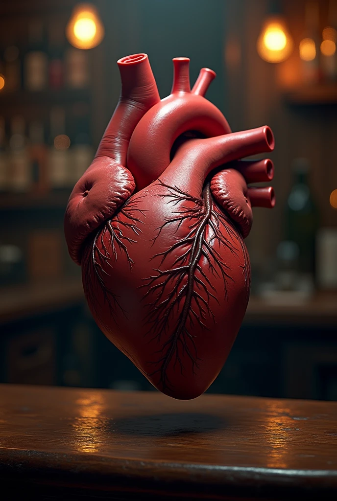 Create a poster for a play featuring a realistic human heart and a treble clef, Written by Shakespeare In Bar