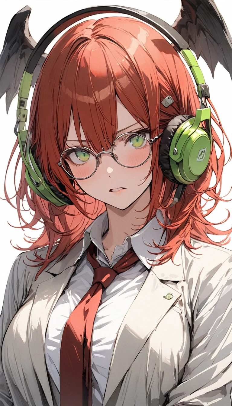 1 woman, mature, (side fringe hair:1.6), red hair, glasses, lab coat, white shirt, big breasts, green pants, green headphones, angry, background lab, high detail, red tie, gothic art, masterpiece, super detail, high details, high quality, best quality, green eyes,, medium length hair, pretty, tall, emotionless, tired, tsundere, middle long, light green eyes, ((femenine)), ((male face)), handsome, kuroume_1024, masterpiece, male focus, solo, looking at viewer, white background, parted lips), light ambience, 1girl, ,(CHARACTERSHEET:1) (MULTIPLE VIEWS FULL BODY UPPER BODY REFERENCE SHEET:1), 4k quality,
