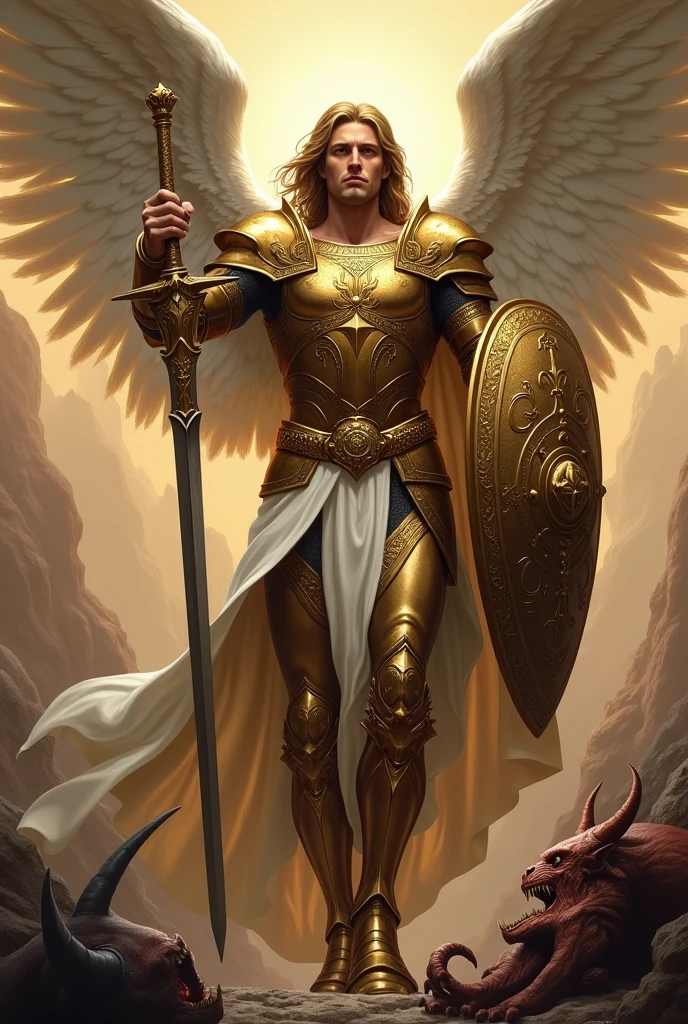 Saint Michael the Archangel is typically depicted as a powerful and majestic figure, embodying divine strength and justice. He is shown as a tall, muscular man with a commanding presence, symbolizing his role as the leader of the heavenly armies. His facial features are sharp and well-defined, often with high cheekbones, a strong jawline, and a noble, serious expression that conveys both authority and righteousness.

Saint Michael's eyes are usually intense and piercing, often depicted in a deep blue or gold, reflecting his celestial nature and unwavering focus on his divine mission. His hair is typically long, flowing, and golden or light brown, sometimes depicted as slightly wavy, adding to his regal and otherworldly appearance.

He is almost always shown wearing armor, symbolizing his role as a warrior. The armor is typically ornate, with intricate designs and a shining metallic finish, usually in silver or gold. He is often depicted holding a large, gleaming sword, which he uses to defeat the forces of evil, and sometimes a shield with a cross or other holy symbols. In many images, Saint Michael is shown standing triumphantly over a defeated demon or dragon, representing his victory over Satan. His wings are large, strong, and usually white or golden, spread wide as he stands or prepares to take flight, symbolizing his angelic nature and divine protection.