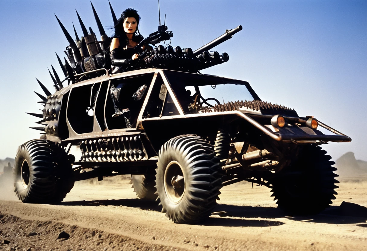 Movie Road Warrior) Action photography of a wasteland rail buggy with many spikes, guns, and lights, driven by a cannibal mutant (Kelly Hu, age 25, sexy leathers, mohawk, tattoos), low angle view
