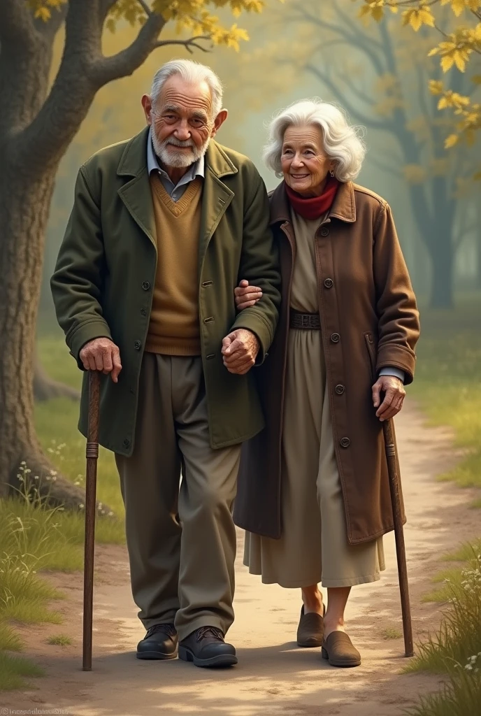 Old man, old woman, walk together, man hold stick, women hold man hand