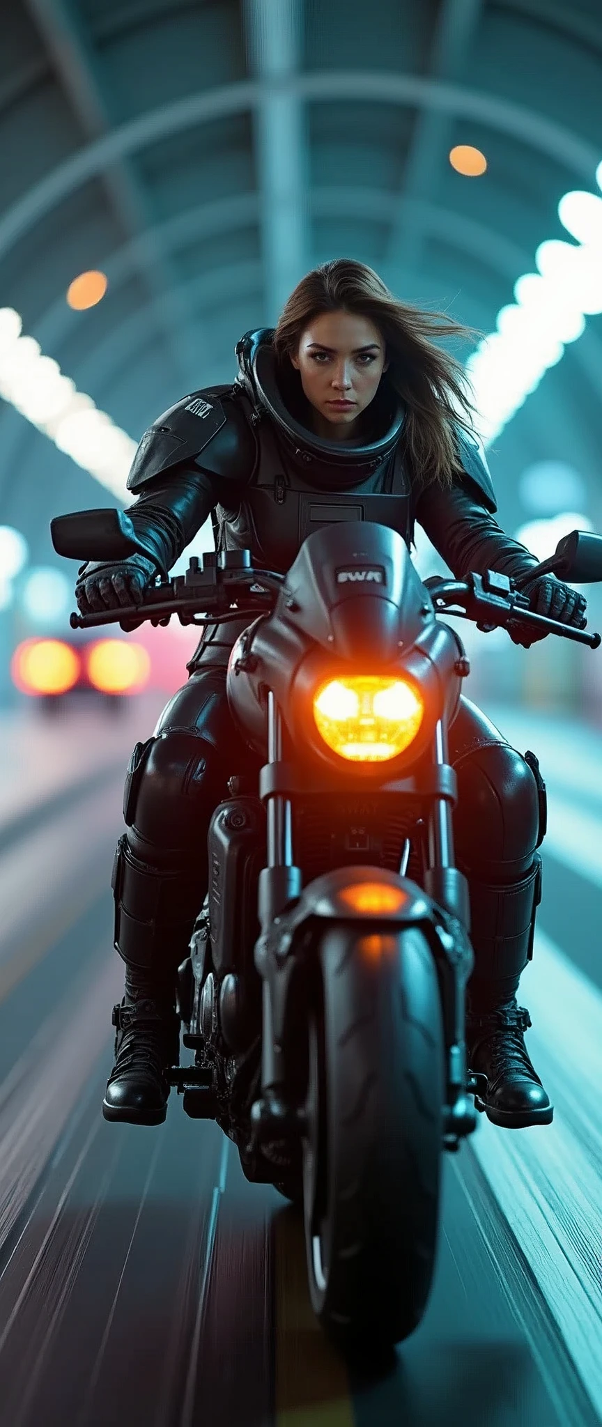 (masterpiece:1.2,Highest quality,Ultra-high resolution,Very detailed,Realistic,RAW Photos:1.2,Elaborate photos),8k,wallpaper,(Ray Tracing),(Future City:2.0),The world of science fiction movies,(cyber punk:2.0),(A beautiful woman driving a futuristic, heavy armored SWAT mecha motorcycle.:2.0),(Beautiful Face,Beautiful Eyes,Detailed face drawing,Detailed texture of the skin:1.3,Hair blowing in the wind),(Serious:2.0,sexy:2.0),(A woman wearing a SWAT team's tactical mech bodysuit:2.0),(Tactical mecha bodysuit"SWAT"with the logo on it:2.0),(A dynamic angle from the front),night,(Rainbow-colored guiding lights:2.0),(The aircraft hurtled through the tunnel's curve at breakneck speed.:2.0),(Tunnel of Light:2.0),(Motion Blur),(Depicting the lean of a motorcycle going around a curve:2.0),