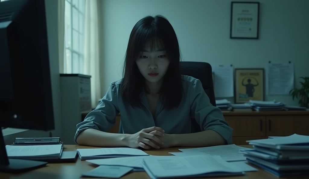 A happy Korean woman,  excitedly drinks Coca-Cola at an office, desk, in the workplace, sitting at a desk with a computer and many documents on it, in daylight, cool light, The image should show a sad person in an office, with a despondent facial expression.