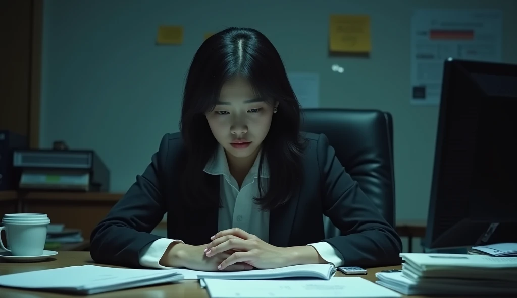 A happy Korean woman, excitedly drinks Coca-Cola at an office, desk, in the workplace, sitting at a desk with a computer and many documents on it, in daylight, cool light, The image should show a sad person in an office, with a despondent facial expression.