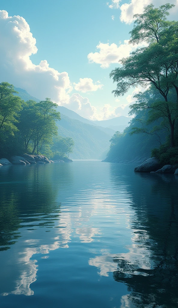 (work of art:1.2,highest quallity,ultra-high resolution,very detailled,realisitic,RAW Photos:1.2,Elaborated photos),8k,wall-paper,(ray tracing),Japan,(majestic river,Beautiful water surface,Light Diffuse Reflection),A photo that represents the flow of clouds and water,