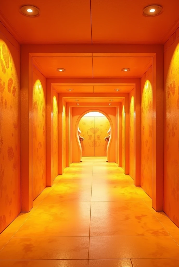 A corridor with orange decoration and themed "Kindness begets kindness".