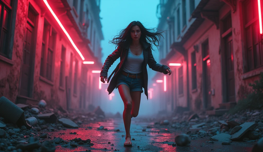 create a beautiful realistic woman 8k perfect details running away from several shots around her neon at night with destroyed buildings catching