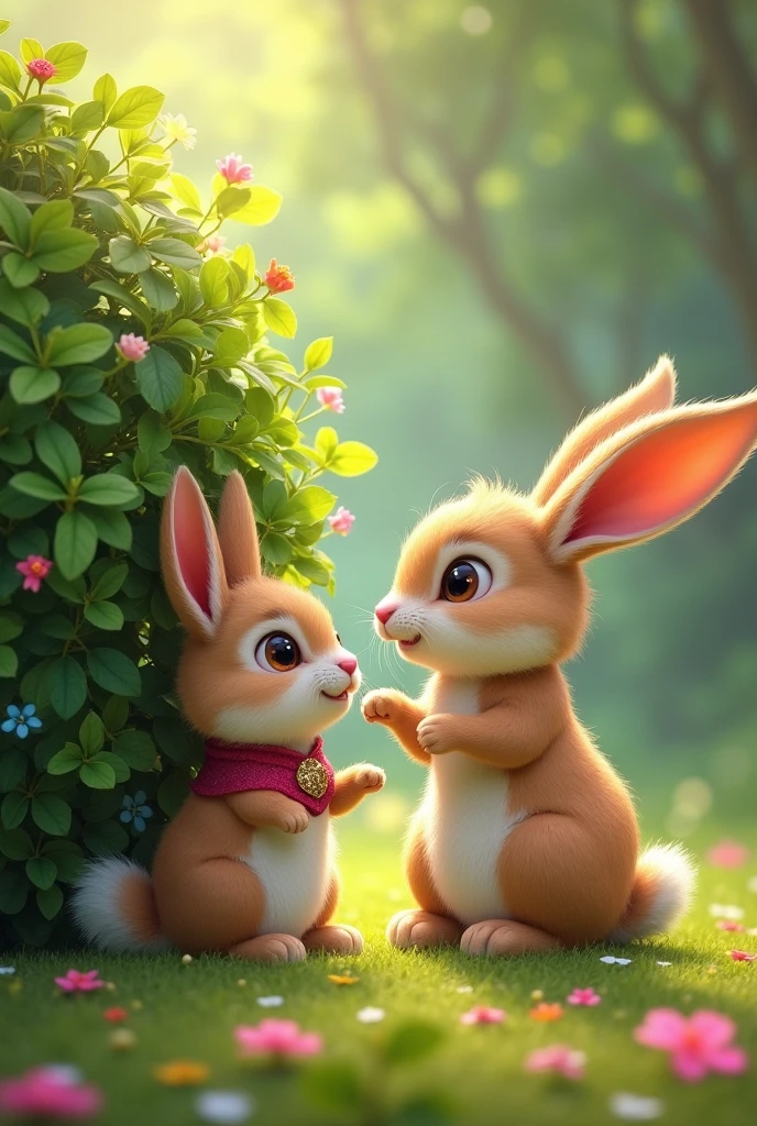 Bun Bun the bunny is sitting next to Princess Pip, looking up at her with big, brown eyes. He points his nose towards a bush., and found Princess Pip big, sparkly button behind the bush.