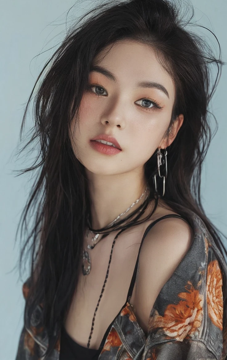 mulher argada com longos cabelos pretos e um colar e brincos, cruel korean goth girl, Ulzzang, Heonhwa Choe, Retrato de Jossi de Blackpink, TaeJune Kim, com cabelos longos, menina coreana, linda mulher coreana jovem, Asian girl with long hair, dilraba dilmurat, com cabelos longos e olhos penetrantes