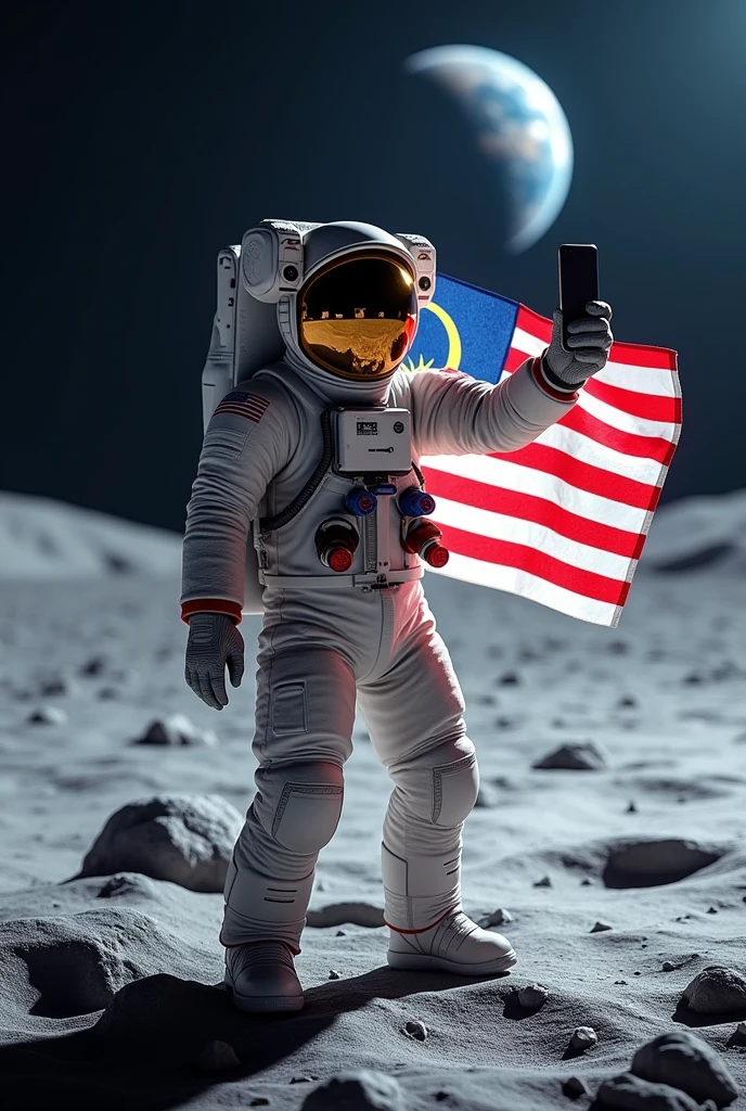 a Malaysia flag on the moon,Malaysia astronaut taking a selfie,detailed space suit,detailed Malaysia flag,detailed lunar landscape,dramatic lighting,cinematic angle,hyperrealistic,photorealistic,8k,unreal engine,stunning,vibrant colors,dramatic shadows,volumetric lighting,intricate details