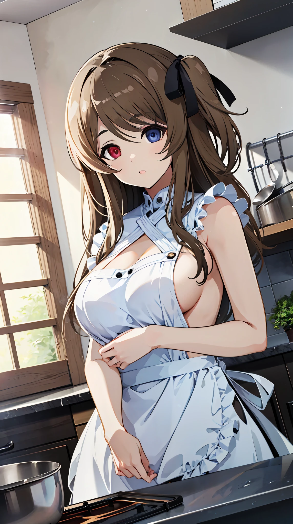 High resolution,masterpiece, Highest quality, Kuo Shenlin , heterochromia , Brown hair, (((busty))),1girl, sensual body, Her cheeks flushed , apron ,NUDE , kitchen , cooking
