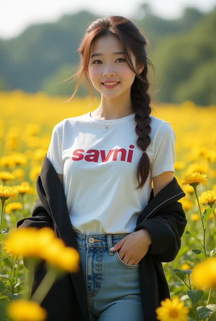 1 girl, Korean with beautiful skin, well-groomed face, flowers, roses, solo, outdoor, field, white short t-shirt, long black shirt, Santi logo, holding, braided hair, flower field, Levis pants, realistic, brown hair, smiling, brown eyes, black hair, long, twintails, looking towards the viewer, standing, yellow flowers
