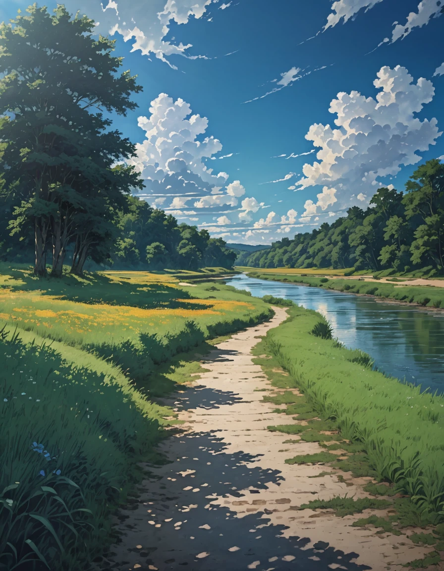 High resolution,High Definition,high quality,landscape,,blue sky,along the river,hiking trail background painting, summer field, grass and trees, Channels, summer sky and incoming clouds, clear contrast between sun and shadow, 8KHDR
