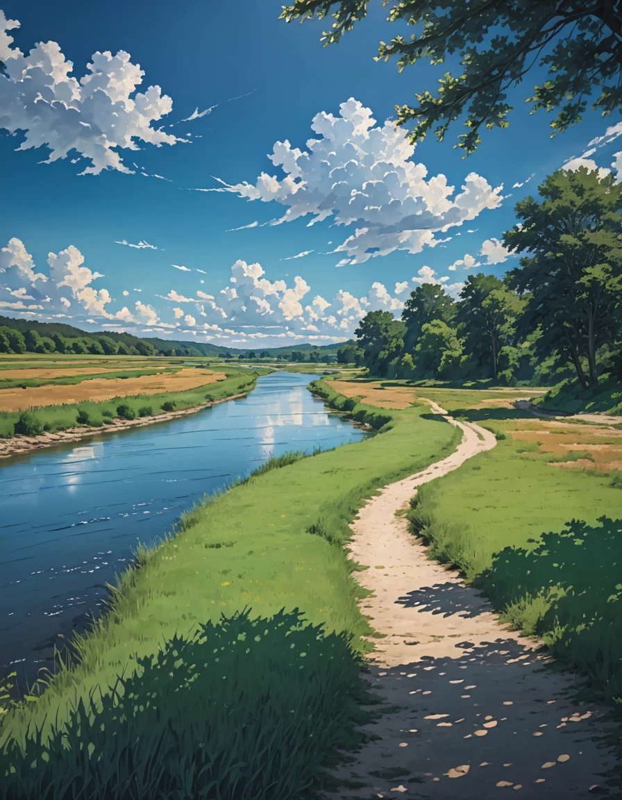 High resolution,High Definition,high quality,landscape,,blue sky,along the river,hiking trail background painting, summer field, grass and trees, Channels, summer sky and incoming clouds, clear contrast between sun and shadow, 8KHDR