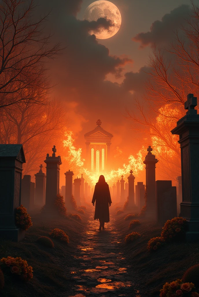 a cemetery in flames