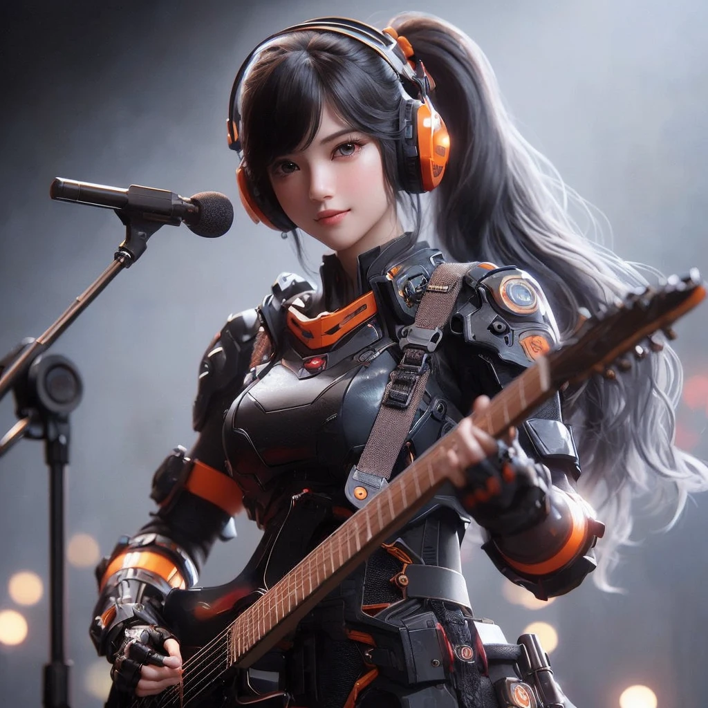 Top Quality, Masterpiece, Ultra High Resolution, (Photorealistic: 1.4), Raw Photo, 1 Girl, Black Hair, Glossy Skin, 1 Mechanical Girl, (((Ultra Realistic Details)), Portrait, Global Illumination, Shadows, Octane Rendering, 8K, Ultra Sharp, Intricate Ornaments Details, realistic skin, sweat effect, ((wearing Headphone)), very intricate detail, realistic light, CGSoation trend, brown eyes, glowing eyes, matte black and glossy orange mechanical bodysuit, Long hair, black hair, Ponytail hair, Half body shot, spaceship bridge background, dynamic pose, cute smile, close up, Open Mouth, facing audience