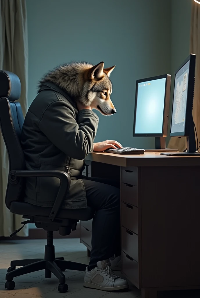 a wolf, in a coat, pants and tennis, sitting in front of the computer, Grieving