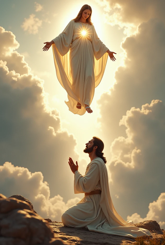 (photorealism:1.2), handsome and hunk Jesus Christ, kneel praying under the foot of virgin Mary floating from the heaven that sorrounded of many clouds, wearing the elegant white gown of the king sorrounded of many diamonds with light in his head and heart spreading all over, the eyes is close while praying, real five finger, real feet, real beautiful hair, real image, heaven outdoors, bright lighting, clouds in background, beautiful light, real heaven and clouds, relaxed pose, realistic, intricate details, bright colors,