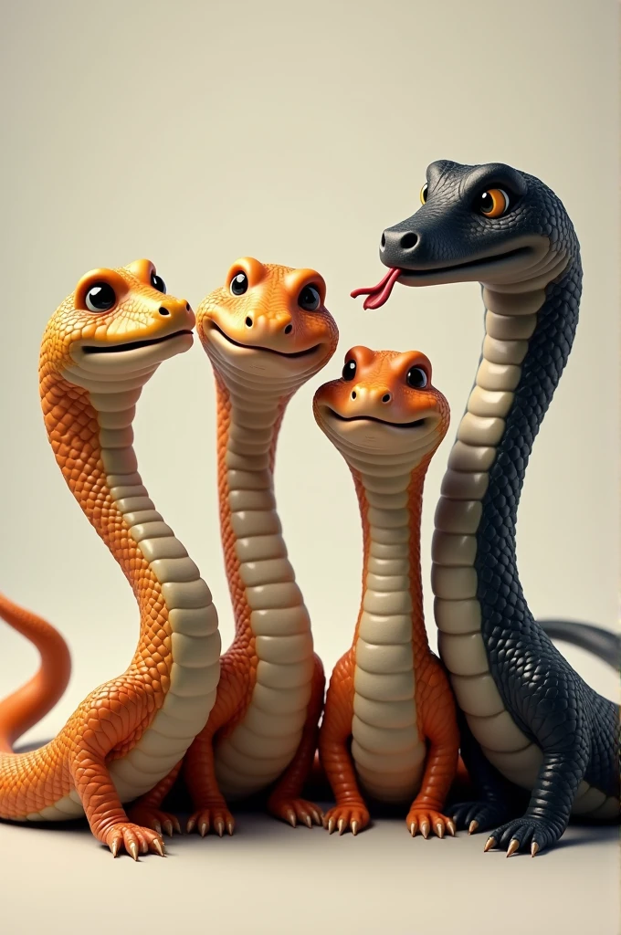 Can you create an image where there are four snakes posing for a selfie, and the one on the far right is sticking out its tongue and is blacker