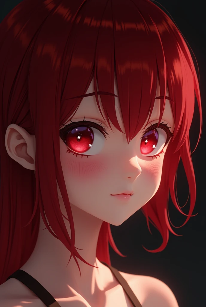 1girl, star eye, blush, perfect illumination, red hair, red eyes, unreal engine, sidelighting, detailed face, bangs, bright skin, simple background, dark background,  chica excitada lambiendo pene con semen 
