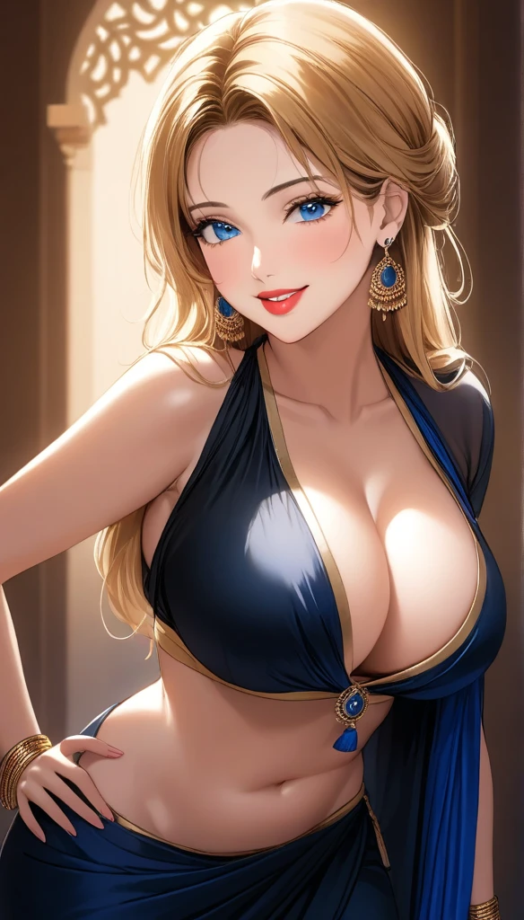 A beautiful mature woman bending down in front in a designeless plain silk black saree, exposing her ,intricate jhumka earrings, detailed alluring blue eyes, smooth lips, smiling, red lipstick, exposed navel, bangles, blue ribbon, saggy breasts, photorealistic, 8k, high quality, masterpiece, cinematic lighting, vibrant colors, intricate details,blonde messy hair