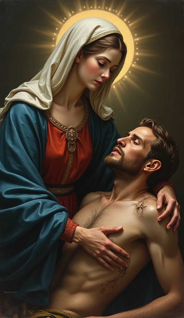 The beautiful Virgin Mary tenderly watches over a wounded soldier