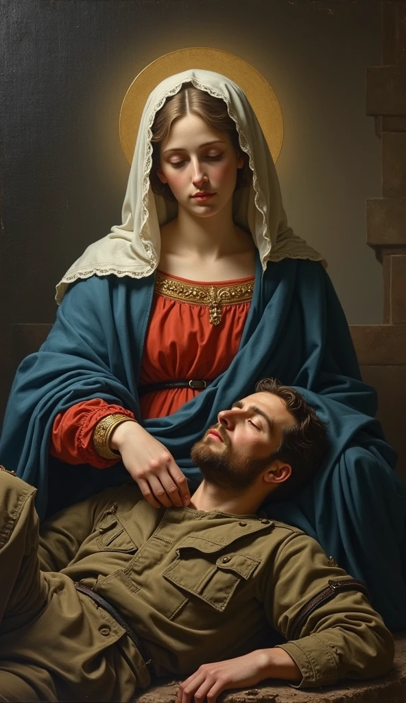 The beautiful Virgin Mary tenderly watches over a wounded soldier