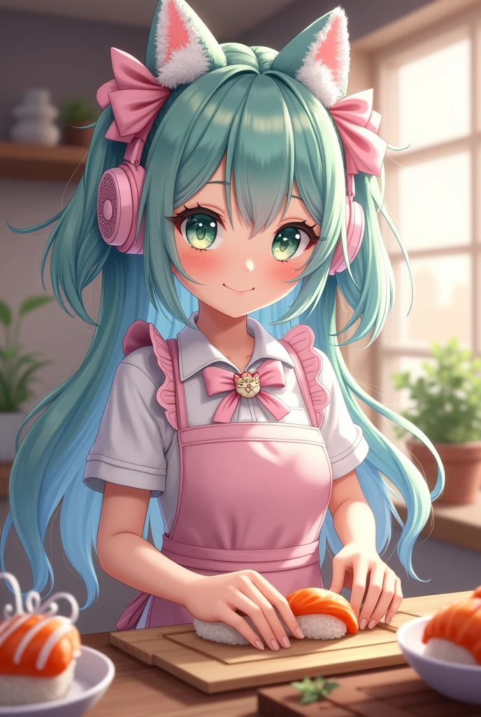 Kawaii Tech girl, Fluffy hair, with pinks beauterfly bows un hair, long blue, ligth green and silver hair, green beautiful eyes, cat headphones, with a Kawaii white pink and silver apron, making sushi