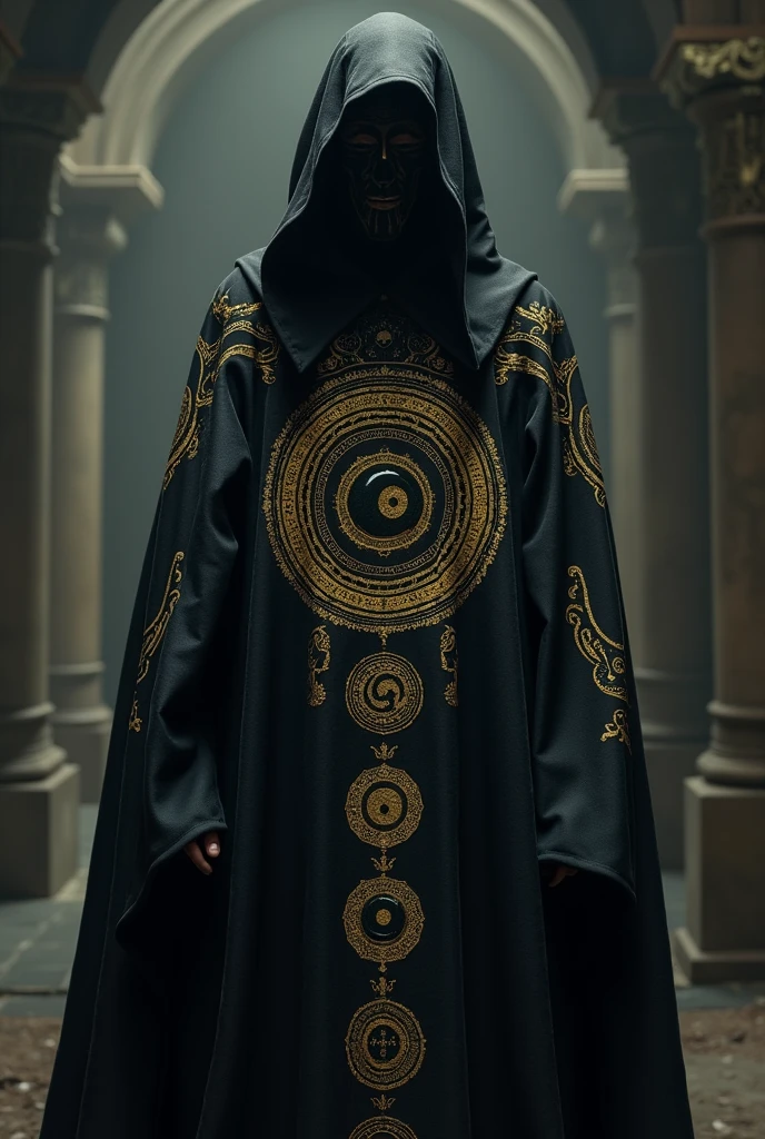 The other party was covered in a full-body black cloak with golden textual prints, the symbol of Yin at the chest along with the symbols of five Chakra nature spread around the Yin-Yang symbol in a circle at the back, and finally, a black evil spirit mask symbolizing Yin covered his face.