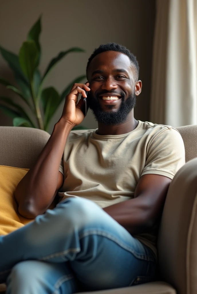 A 35 years old Nigeria man wearing a jeans and T-shirt sitting on a couch making a call