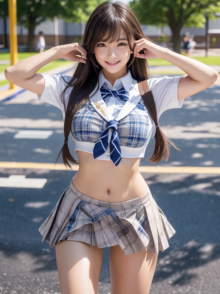 masterpiece,Highest quality,1 girl,Cowboy Shot,Front view,Young and cute Japanese,smile,lunch break,((Schoolyard,Excited students:1.5)),Schoolgirl uniform,Summer clothes,wear,wear a super super short blue plaid pleated micro mini skirt,No underwear,Very cute face,Glossy Lips,Big eyes,Brown eyes,Double eyelids on both eyes,(Natural Makeup),Shiny, smooth, long light brown hair,Asymmetrical bangs,Center image,8k resolution,Attention to detail,Detailed hairstyle,Detailed face,Cinema Lighting,Octane Rendering,Ultra-realistic,Perfect limbs,Beautiful legs,Voluptuous thighs,Huge breasts,(Glowing Skin,Sweaty:1.3)Perfect Anatomy,Spread your legs,((Provocative dynamic pose:1.5)),Skirt flip